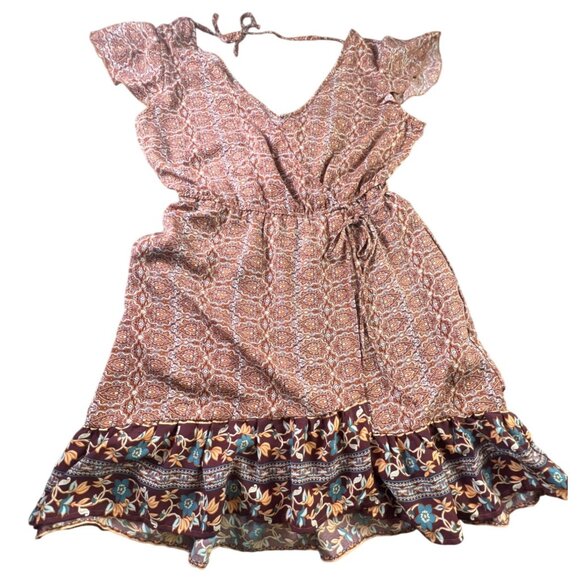 Band Of Gypsies Faux Wrap Dress B-O-G Collective Paisley Ruffle Hem L  Boho - Picture 2 of 10